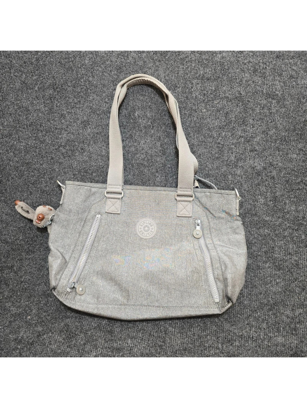Kipling Angela Medium Tote Bag Shoulder Handbag Grey Heather Nylon With Monkey
